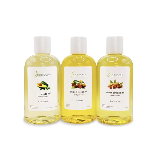 Aceite de Almendras Dulces | Aceite de Jojoba Dorado | Aceite de aguacate | Paquete de 3 | Prensado en frío | Portador de aceites esenciales hidratante para la piel, cara y cabello, fabricación de jab