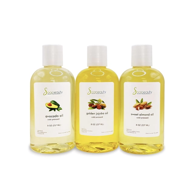Aceite de Almendras Dulces | Aceite de Jojoba Dorado | Aceite de aguacate | Paquete de 3 | Prensado en frío | Portador de aceites esenciales hidratante para la piel, cara y cabello, fabricación de jab