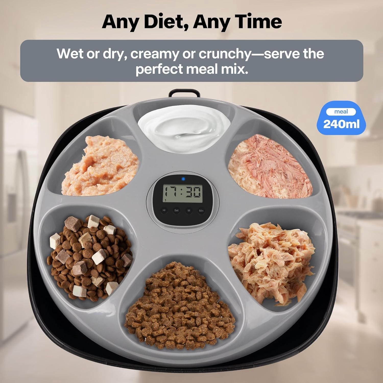 Rechargeable Automatic Timer Cat Feeder, Wet Food Auto Pet Food Dispenser for Small Dogs with Programmable Timer 8 oz per Meal, 5+1 Meals, Black