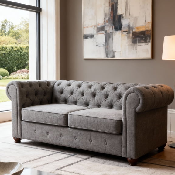 Gewnee Gray 65” Loveseat, Solid Wood Frame & Rubberwood Legs for Living Room, Apartment, Guest Room