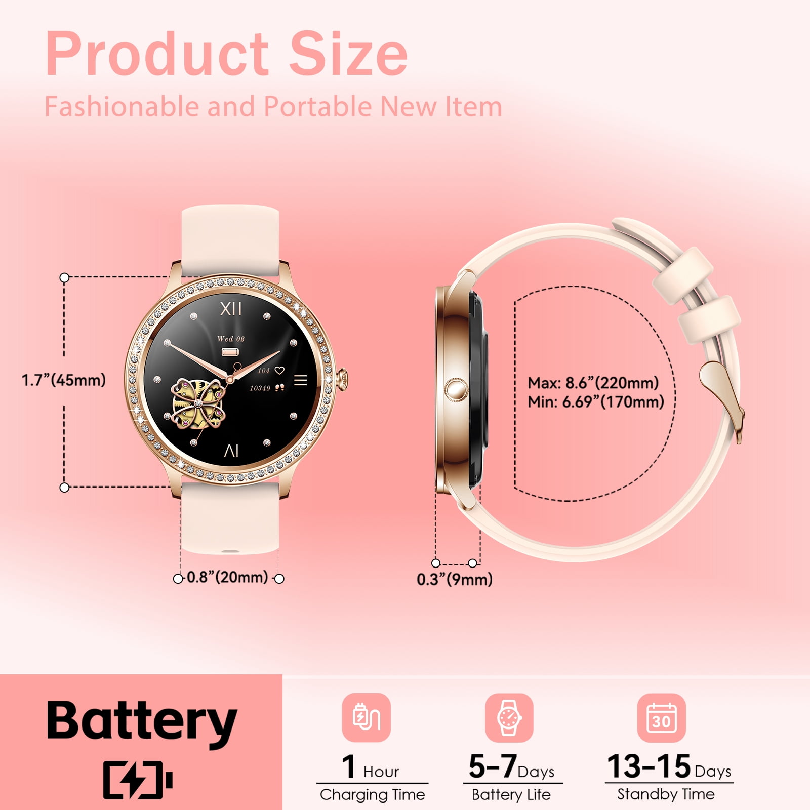 XAXRE Women Smart Watch, 1.32" HD Full Touch Screen Call Receive/Dial with Pedometer Smartwatch, Activity Tracker Watch Compatible with iOS Android