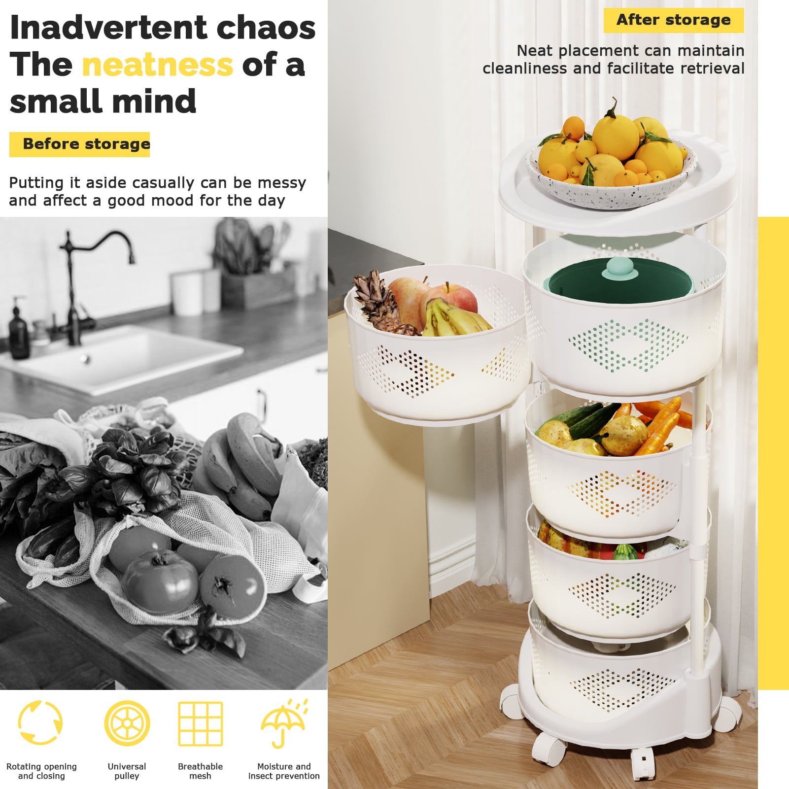 Aqzb Fruit Vegetable Storage Basket for kitchen, 5-Tier Rotating Round Plastic Baskets, PP Top & Wheels, Kitchen Storage Bins Stand Rack Cart for Onions Potatoes, Snack Rack for Living Room