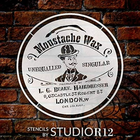Moustache Wax Round Stencil by StudioR12 | DIY Old Victorian Barber Shop Ephemera Home Decor & Furniture | Vintage London | Paint Antique Wood Signs | Reusable Template | Select Size (18 x 18 inch)