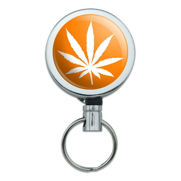 Marijuana Leaf Orange Retractable Belt Clip Badge Key Holder