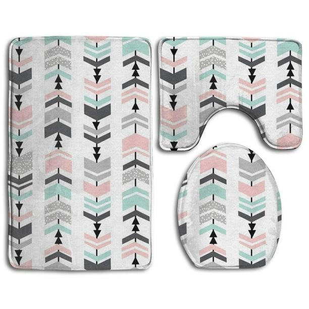 CHAPLLE Chevron Pink Mint Grey Charcoal 3 Piece Bathroom Rugs Set Bath