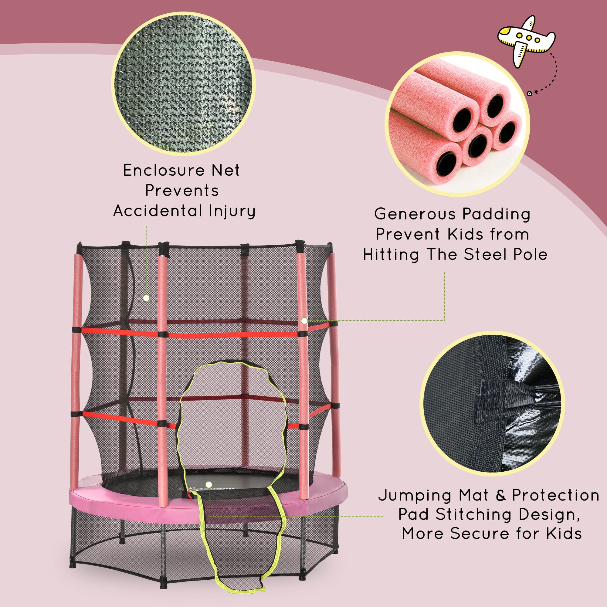 Outsunny Φ5FT Kids Trampoline with Enclosure Net, Springless, Safety Pad and Steel Frame for Indoor, Toddler Round Bouncer for Age 3 to 6 Years Pink