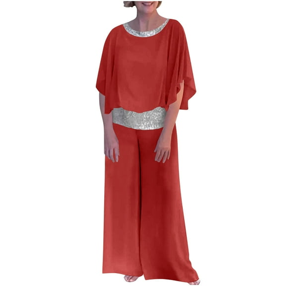 STETMN Women's Sequined 2 Piece Outfit Batwing Sleeve Loose Tops High Waist Pants Party Trendy Set