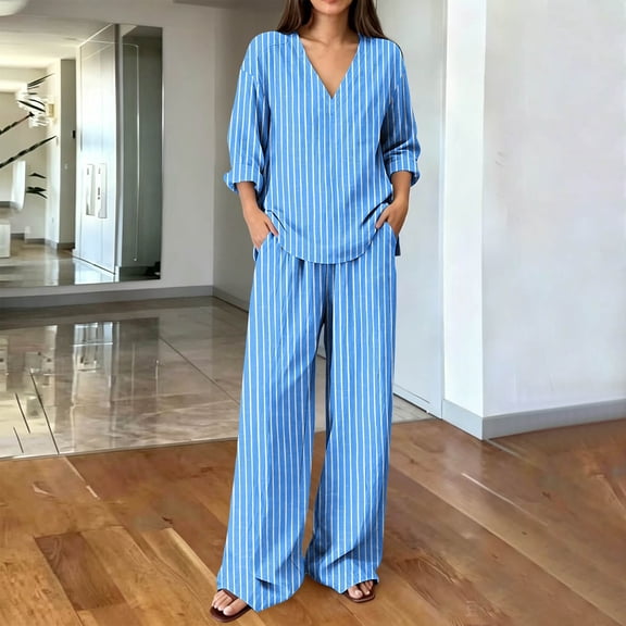 sdhkgrrt Women's Plus Size 2 Piece Pajama Outfit Striped V Neck 3/4 Sleeve Blouse Wide Leg Pants Casual Boho Lounge Set Loose Matching Travel Daily Tracksuits, Sky Blue 2XL