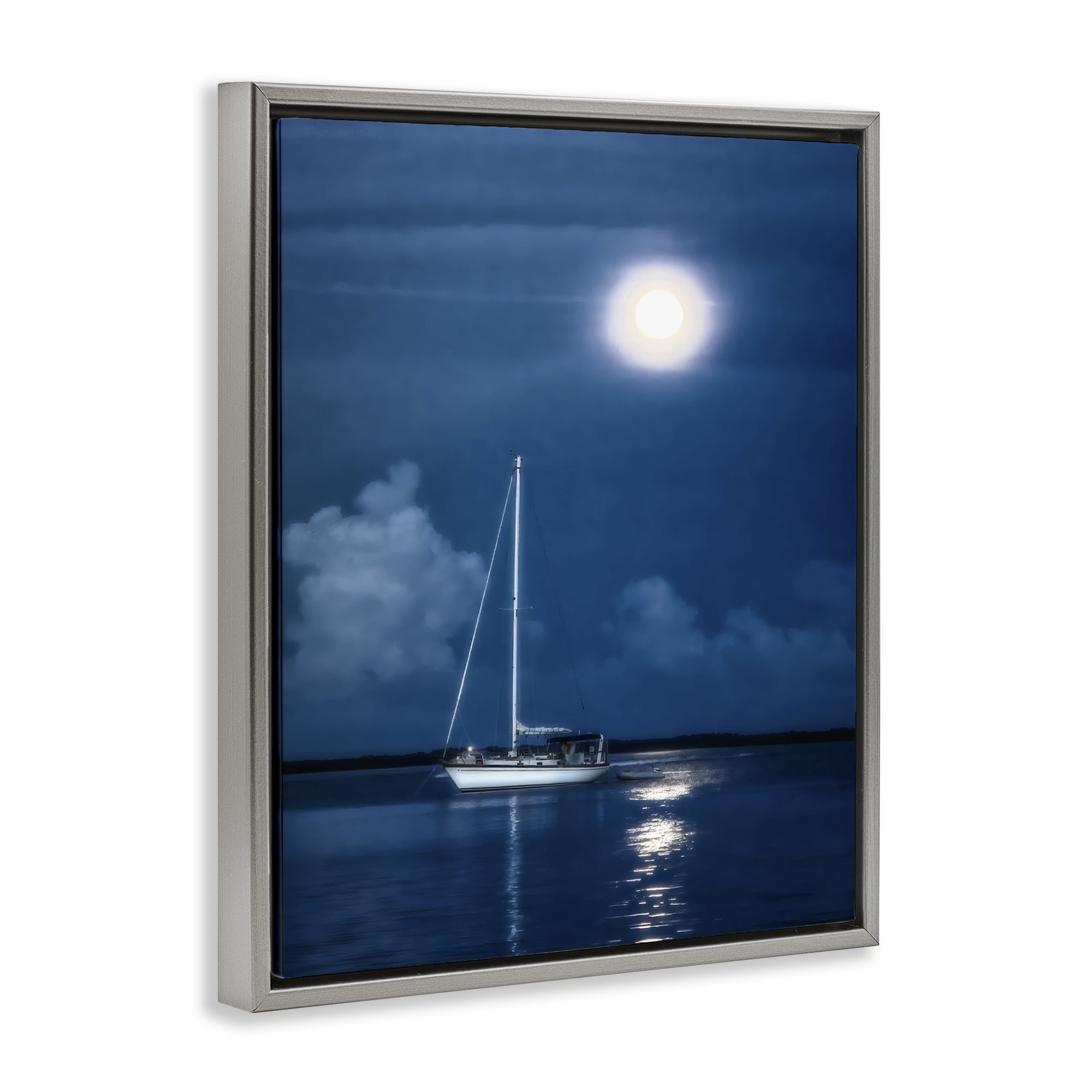 Stupell Industries Moonlit Nighttime Sailing Nautical & Beach Photography Gray Floater Framed Canvas Art Print Wall Art, 25 x 31