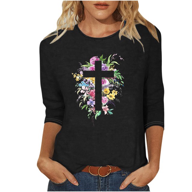 Blouses pour Femmes T-Shirt Imprimé Manches 3/4 Blouse Col Rond Décontracté, Blouses pour Femmes T-Shirts pour Femmes, Blouses pour Femmes Décontractées