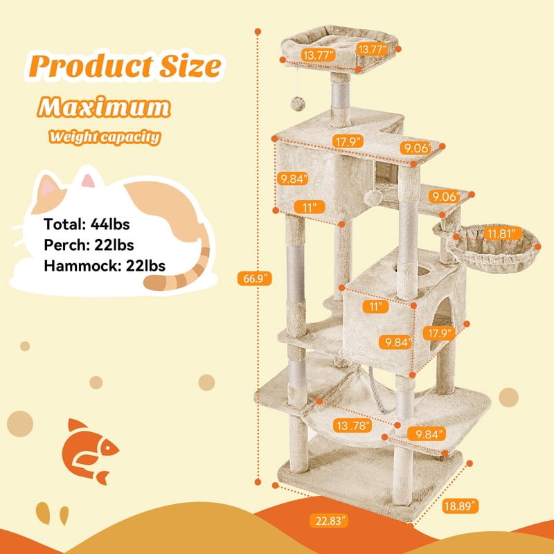 Kelno 66" Cat Tree Tower Durable Cat Climbing Tower with Sisal Scratching Posts Cozy Condo Hammock and Platforms, Beige