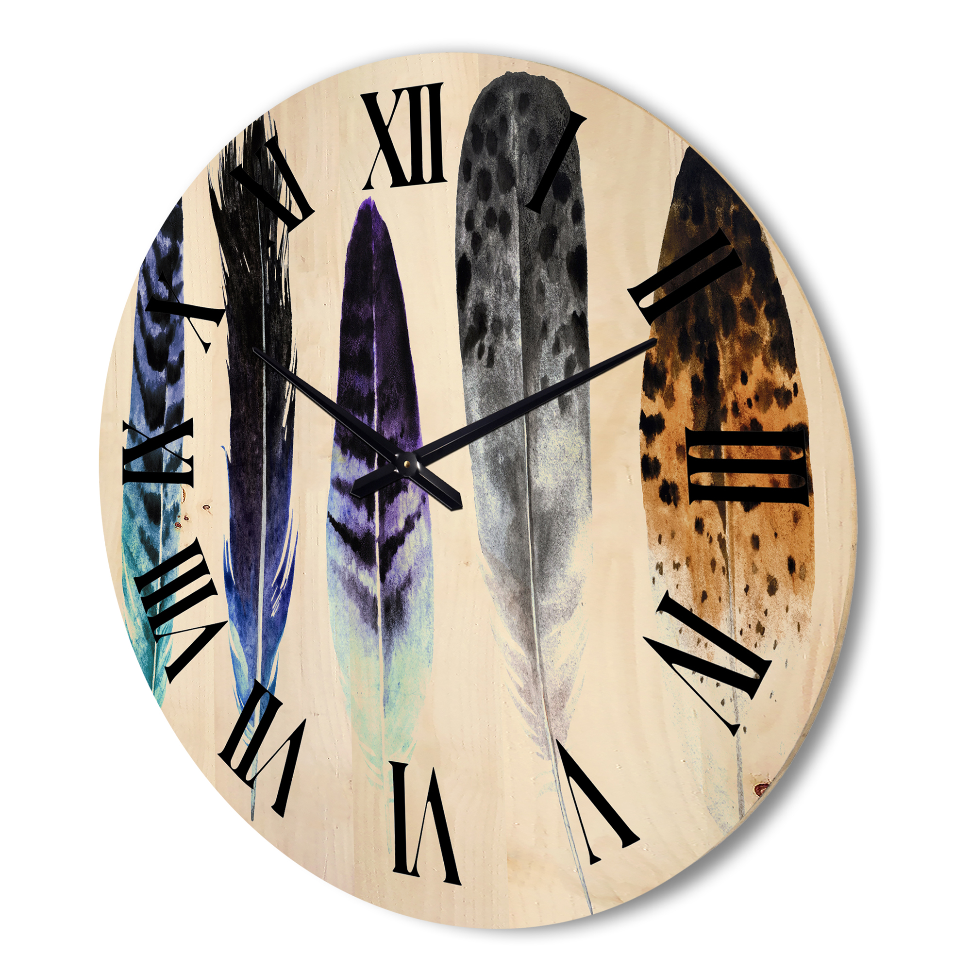 Designart 'Colourful Boho Art Feathers II' Bohemian & Eclectic Wood Wall Clock