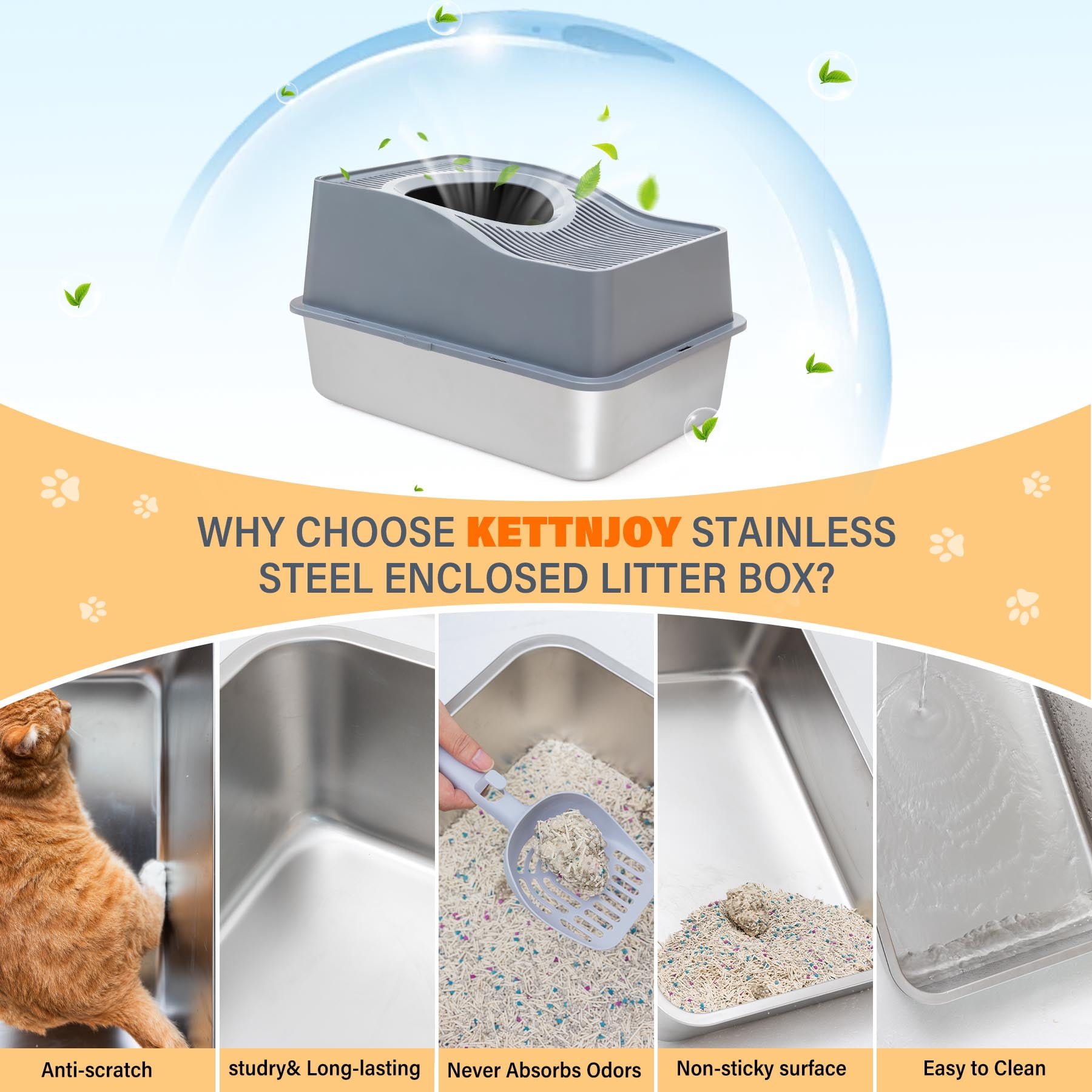 Kettnjoy Top Entry Cat Litter Box with Lid, Stainless Steel XL Enclosed Cat Kitty Litterbox, Extra Large Metal High Side Litter Pan Tray Box Enclosure Easy Cleaning Anti-Leakage, Gray