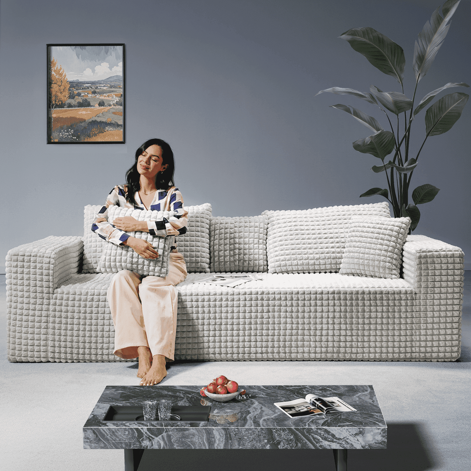 Patbrela 101" Couch for Living Room Furniture Diamond Boneless Sofa with 31-inch Extra Deep Seat, No Assembly, Beige
