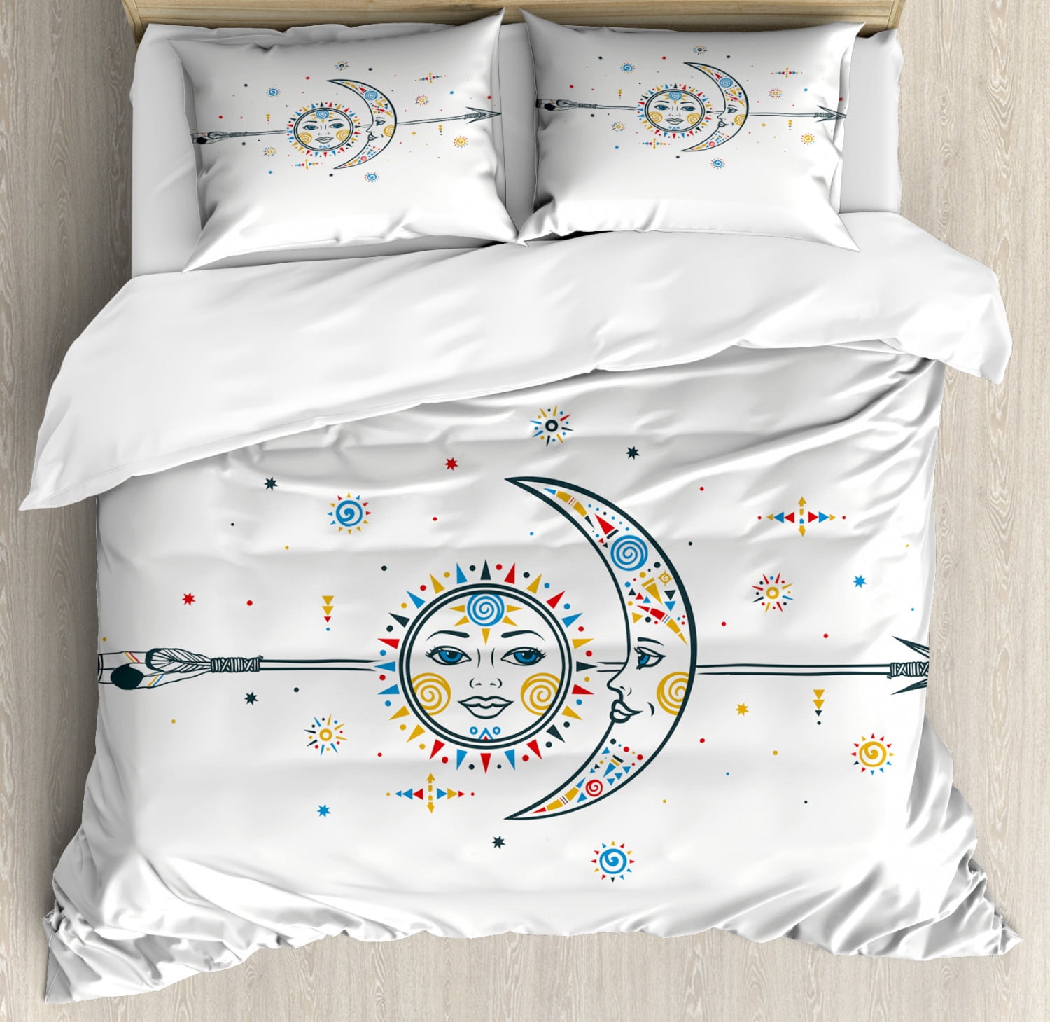 Aztec King Size Duvet Cover Set, Ethnic Aztec Moon Sun with Spiral