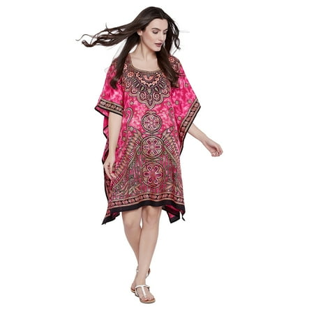 Short Caftan - Pink Short Caftan for Women Floral Ladies Plus Size Tunic Top Dresses for Women's Plus Size Kaftan Knee Length Free Size Long Women Dress