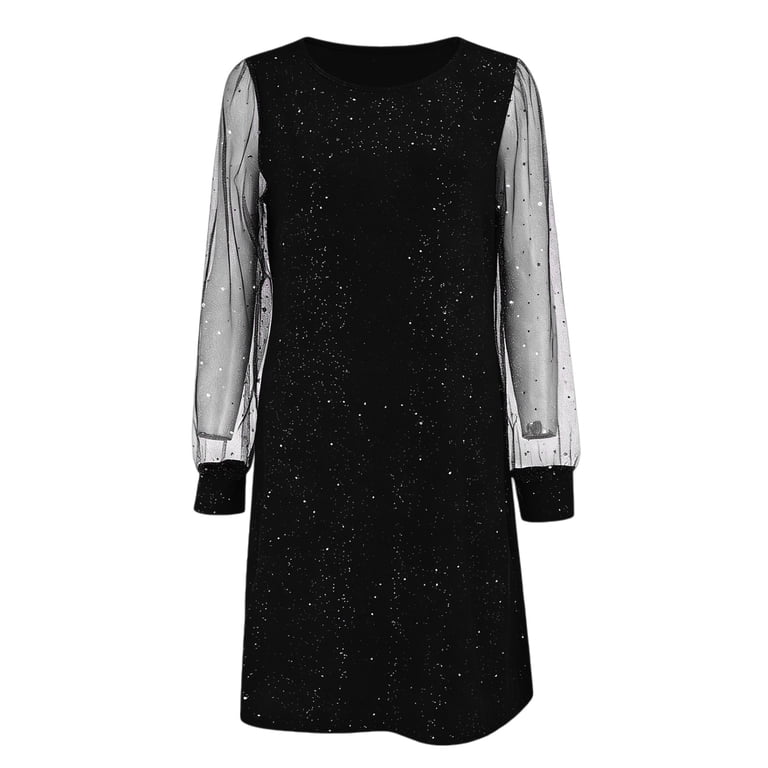 sheer mesh glitter dress Cusghjbsg Women Long Sleeve Round Neck Sequin Mini with Solid Color Sleeveless Slip Dress 2 Piece Outfit (Black A, S) at Amazon Women's Clothing store Floor length LMSXCT Sexy Pearl Rhinestone Dress
