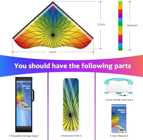 Large Delta Kite for Kids & Adults,Extremely Easy to Fly Kite for Beach Trip,String Line Included,with Colorful Tail,Perfect for Beginners Flower