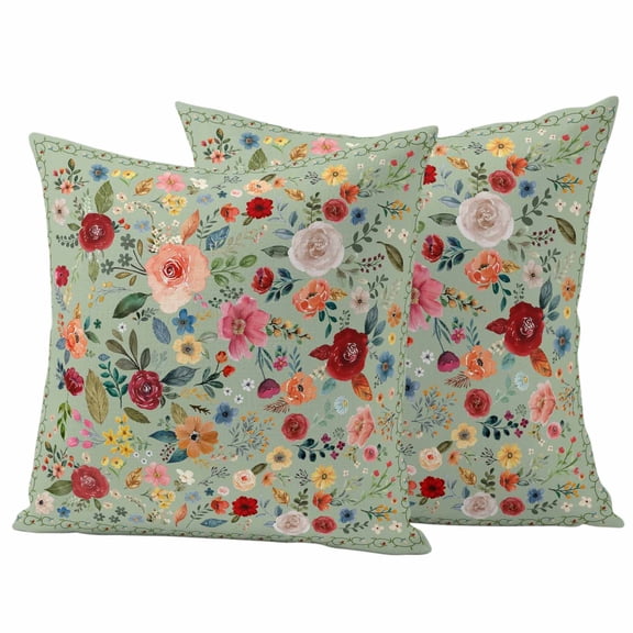 Outdoor Pillow Covers 24 x 24 Inches, Sage Green Floral Waterproof Throw Pillow Cover Set of 2, Spring Flowers Leaves Farmhouse Decorative Square Cushion Covers for Patio/Tent/Couch/Garden