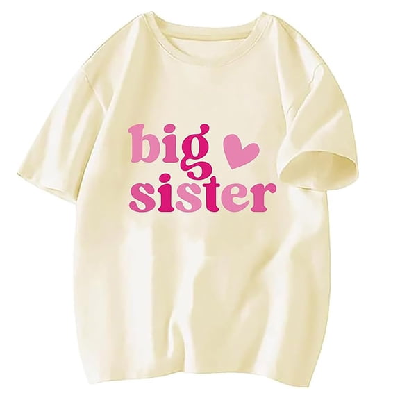 Girls Promoted to Big Sister Short Sleeve T-Shirt Lightweight Crew Neck Heart Print Tee Soft Breathable Casual Summer Top for Kids Daily Wear(Light Yellow,3-4 Years)