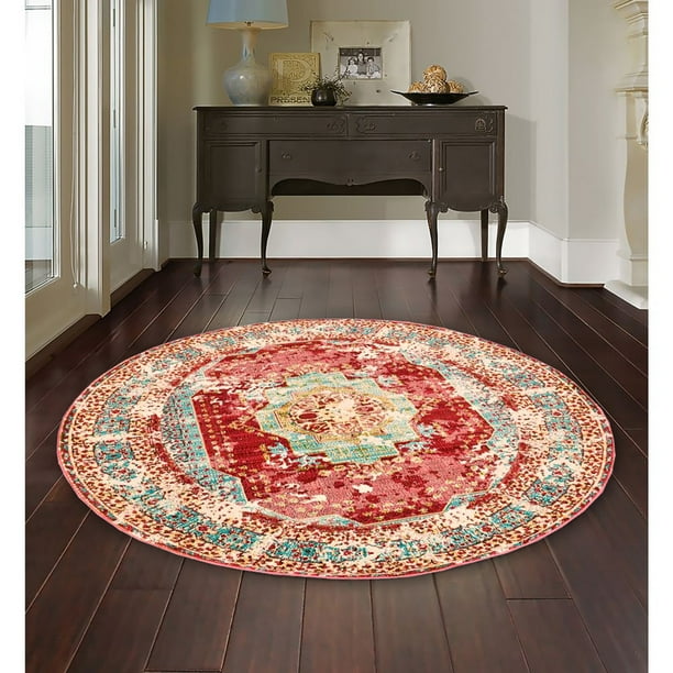 Alfombra Turca Decorativa Redonda Vintage Magenta Rooted Para Sala Recámara Cocina Hotel Oficina 150x150 cm