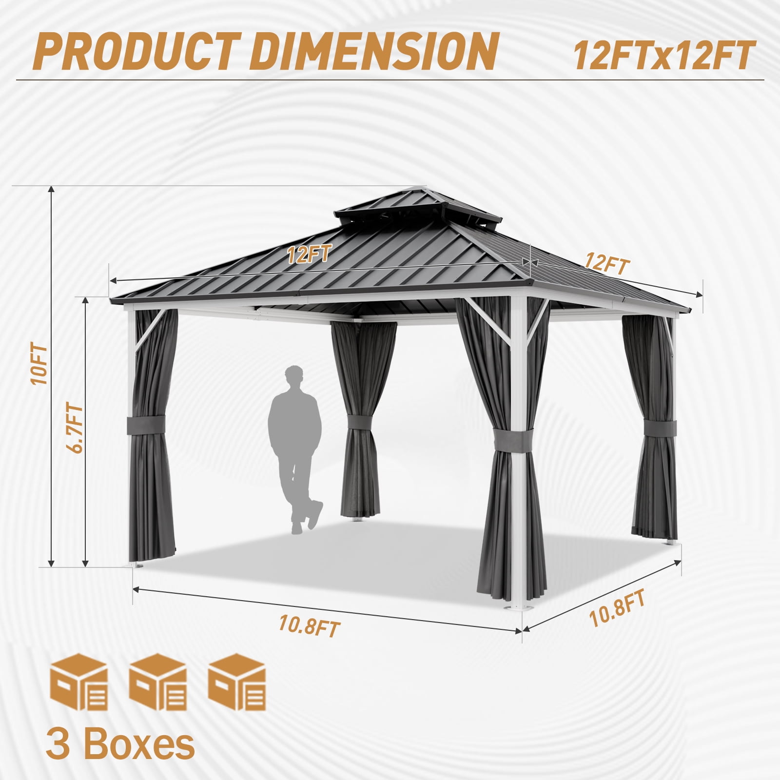 INTER HUT 12x12 FT Galvanized Steel Double Roof Gazebo with Aluminum Frame Gazebo with Curtain and Netting, White/Gray