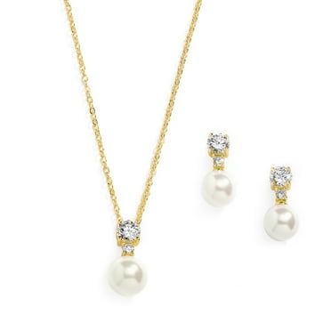 Mariell Pearl Wedding Necklace Earrings Set with CZ Crystal, Gold Jewelry for Brides, Prom, Mother's Day