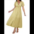 thumbnail image 1 of Vestido Midi Informal de Verano para Mujer, con Mangas Abullonadas, Escote en V, Fruncido, Botones Al Frente, Abertura, Estilo Bohemio, 2025 Amarillo L, 1 of 10