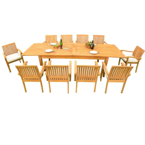 11 PC A Grade Outdoor Patio Teak Dining Set - 118" Double Extension Atnas Table & 10 Naples Stacking Arm Chairs
