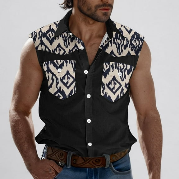 VgaVtl Tank Tops for Men Plus Size Sleeveless Lapel Men Undershirts Plus Size Graphic Cardigan Pocket Casual Loose Shirts,Black M