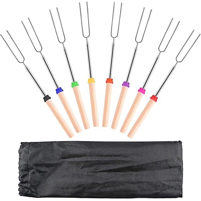 8 Uds palitos para asar malvaviscos, tenedores telescópicos para barbacoa de 32 pulgadas, brochetas retráctiles de acero inoxidable