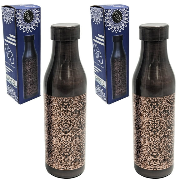 2 Pack 33 Ounce Pure Copper Water Bottle with Engraved Damask Design, Ayurvedic Benefits
