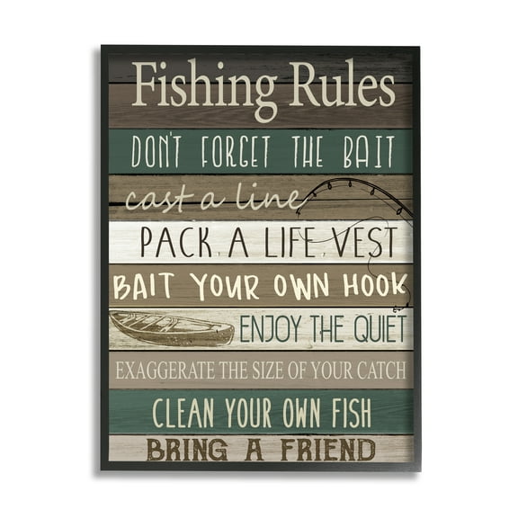 Stupell Industries Rustic Fishing Rules Sign Brown Green Beige Black Framed by Kim Allen