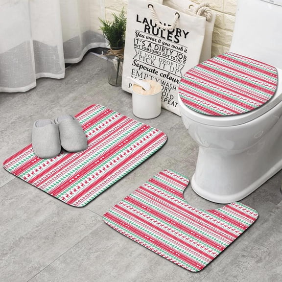 Red and Green Christmas Pattern Bathroom Rugs Sets 3 Piece,Toilet Cover Set,Absorbent Non Slip Bathroom Mats Sets with U-Shaped Contour Rug Toilet Rug Set