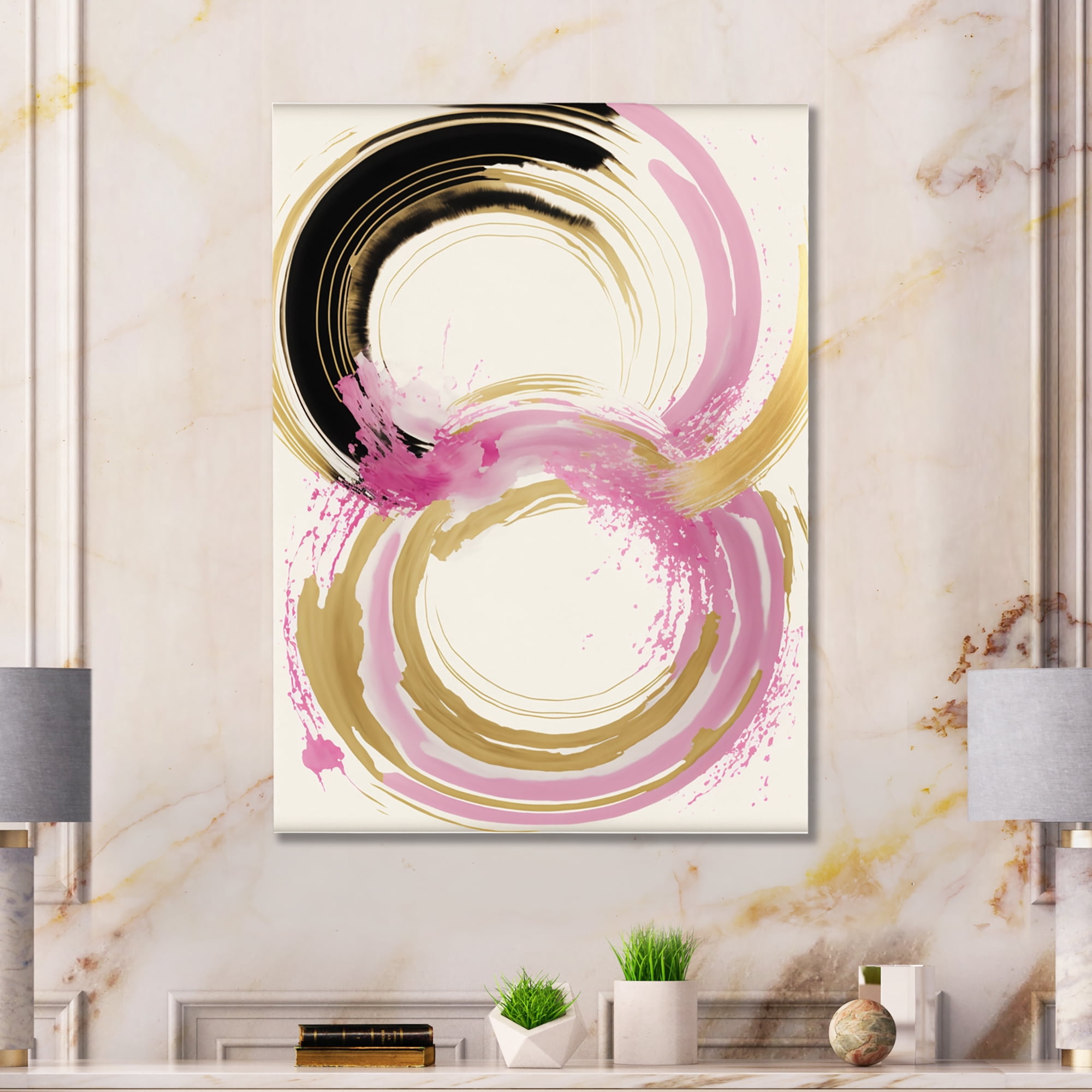 Designart Pink And Gold Curves IV Canvas Wall Art