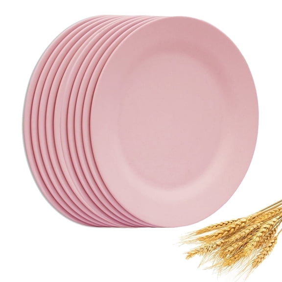 Set of 10 Round Salad Plates 10 Inch, Appetizer Dishes, Unbreakable Wheat Straw Dessert Plates, Kitchen Dinnerware for Steak Dinner Fruit, Reusable Kids Fiber Tableware (Pink)