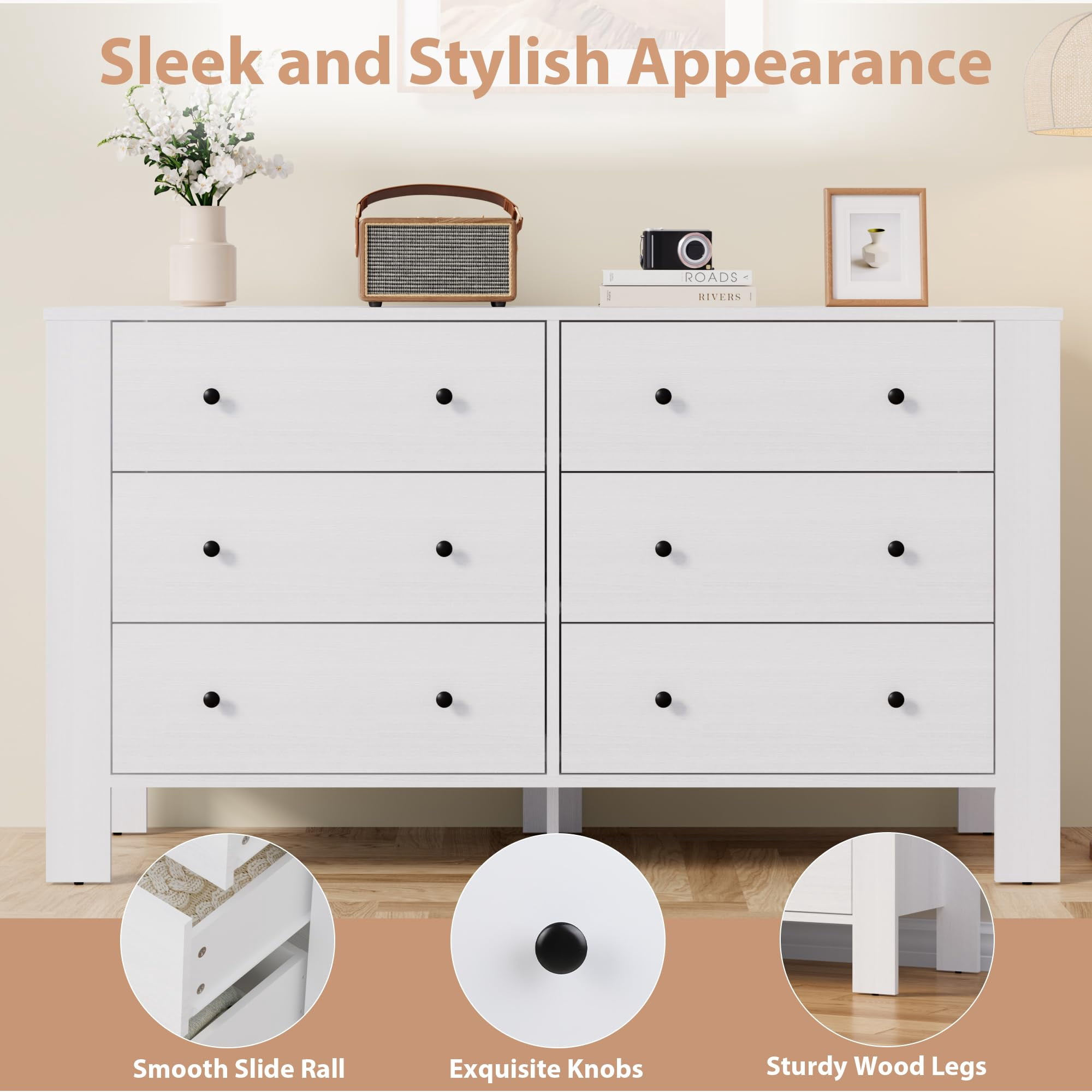 6 Drawer Dresser, Modern Wood Dresser for Bedroom, with Deep Drawers & Metal Knobs, for Hallway, Entryway, Living Room
