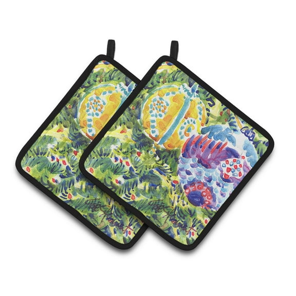 Christmas Tree Yellow and Purple Ornaments Pair of Pot Holders