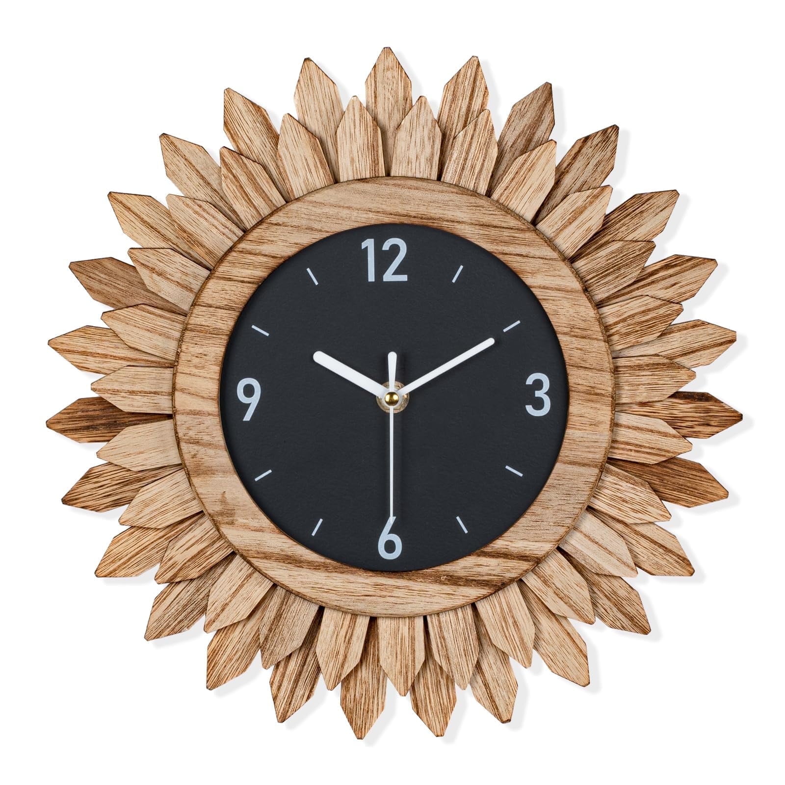 12 In Rustic Wood Boho Sunburst Decorative Wall Clock Silent Non Ticking Farmhouse Small Wall Clocks for Living Room Kitchen Bedroom Decor (Rustic Brown)