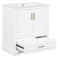 thumbnail image 2 of viswild 30" Bathroom Vanity with Ceramic Sink, Soft Close Doors, Freestanding Storage Cabinet, Solid Wood Frame, 1 Drawer & 2 Shelves, White, 2 of 14
