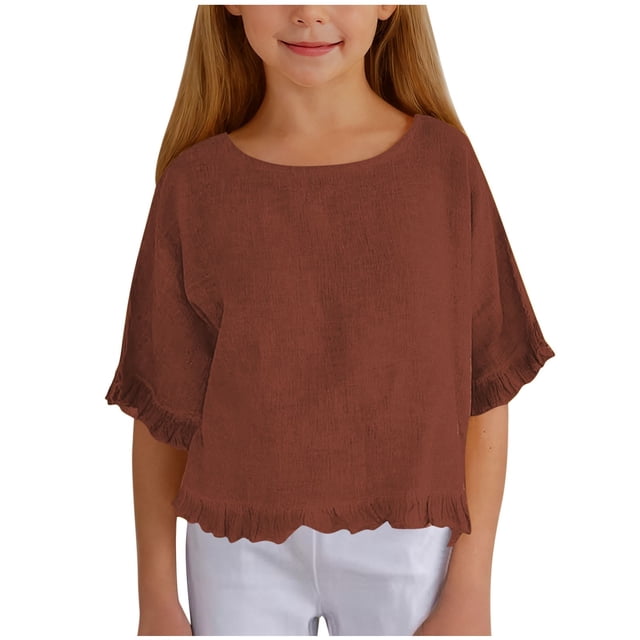 Hauts Amples Unis pour Filles, Col Rond, Ourlet à Volants, Manches Mi-Longues, T-Shirts Décontractés 5-15 Ans