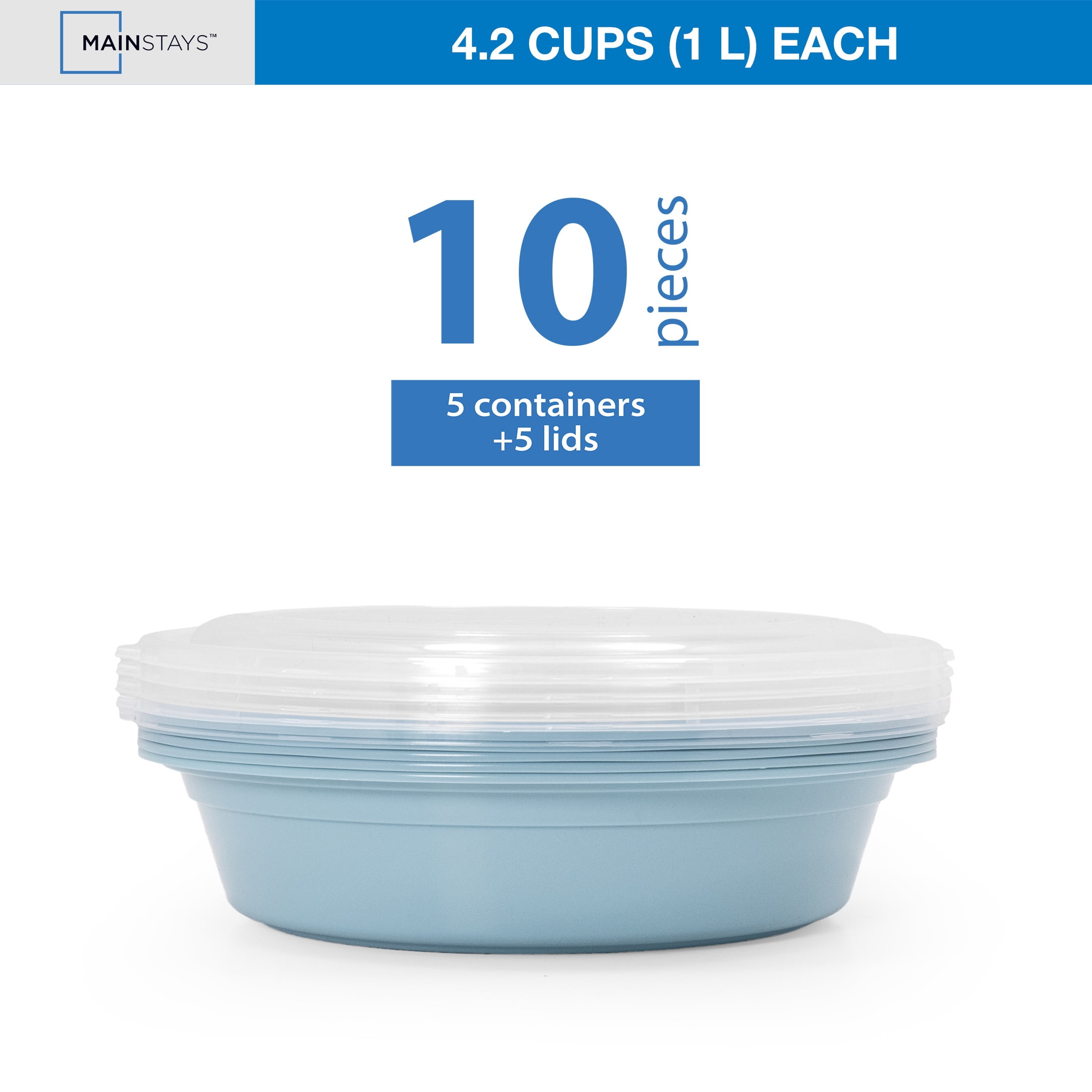 Mainstays 5-Pack 3-Compartment Round BPA-Free Plastic Meal Prep Food Storage Containers, 1L, Blue Cameo