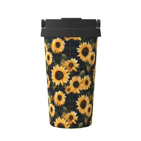 

Xecao Scottish Blue Plaid Sunflower Pattern Insulated Coffee Mug with Handle & Flip Thermos Mug Water Bottle Coffee Tumbler Cup
