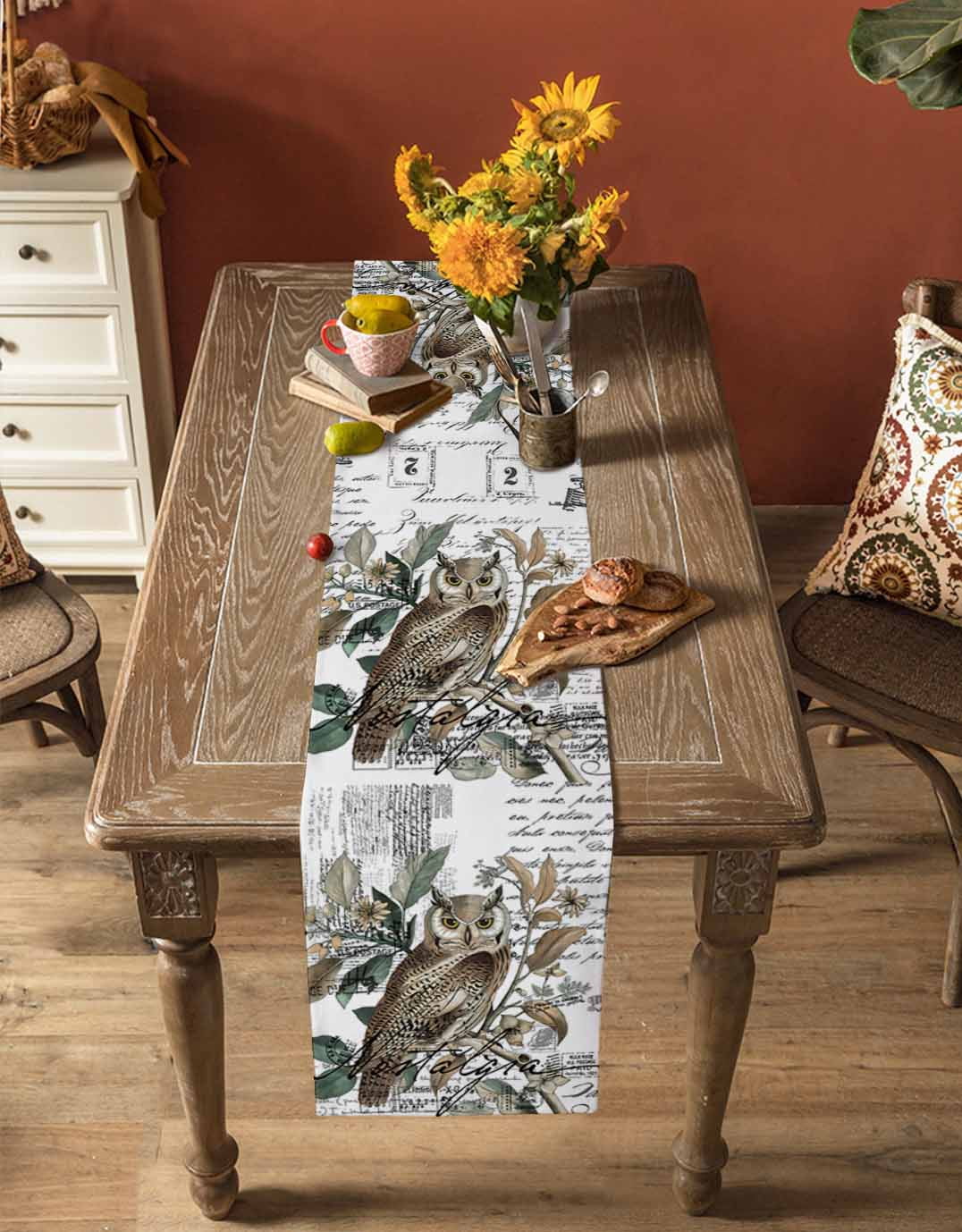 Ldtrchee Farmhouse Owl Table Runner 36 Inches, Country Envelope Postmark Botancial Bed Runner Dresser Scarves Tabletop for Indoor Outdoor Parties/Ceremony/Banquet, 13"x 36"