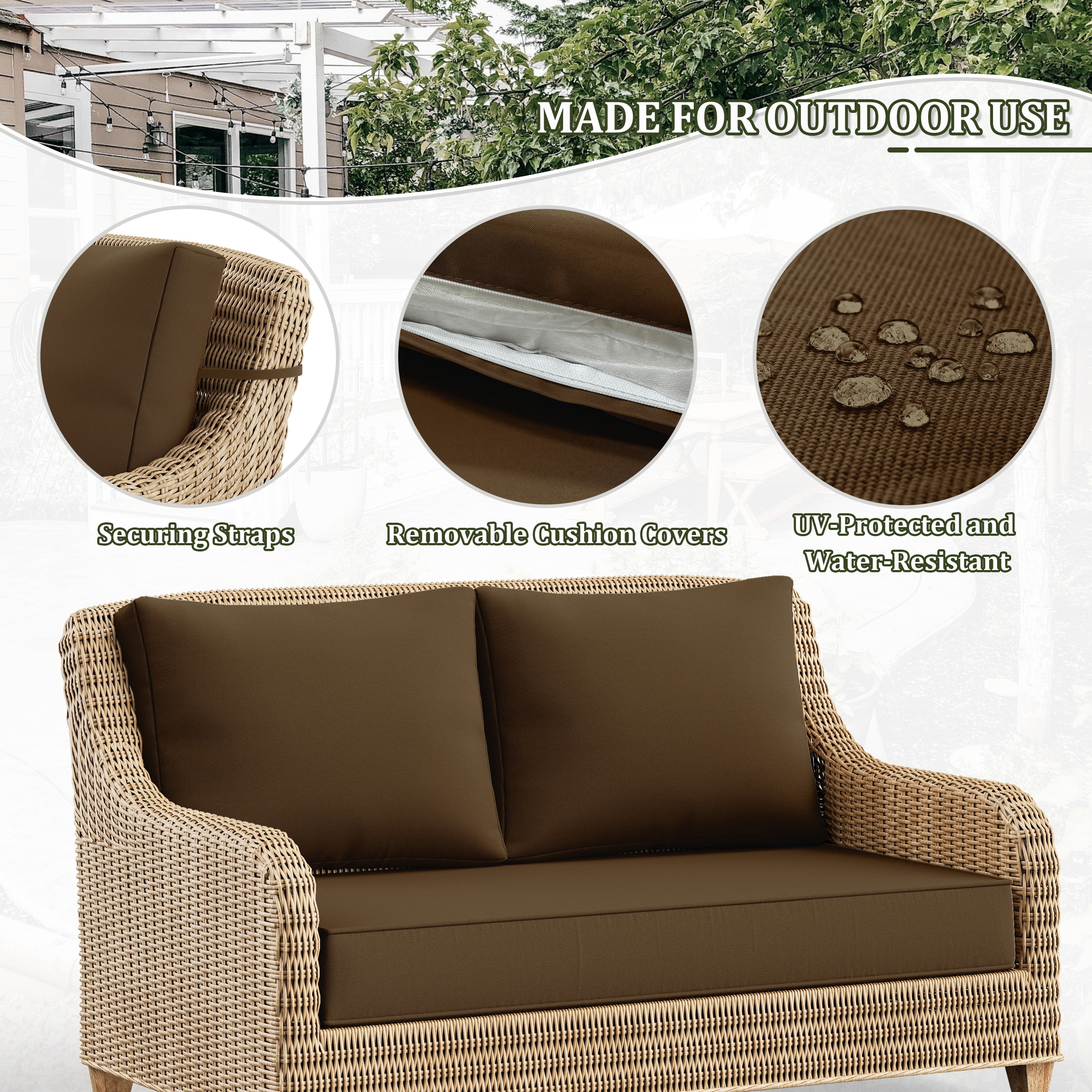Pakunoda Outdoor Loveseat Cushion Set 46 x 26 Inch, Water Repellent, Fade Resistant, Patio Loveseat Replacement Cushions for Couch Bench and Swing, Chocolate