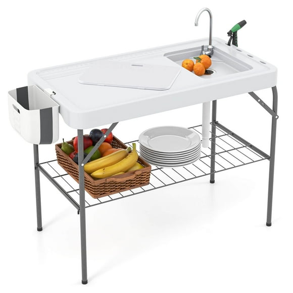 Costway Table de Nettoyage Pliable pour Poisson avec Évier, Repères de Mesure, Grille, Support, Buse de Pulvérisation pour Robinet