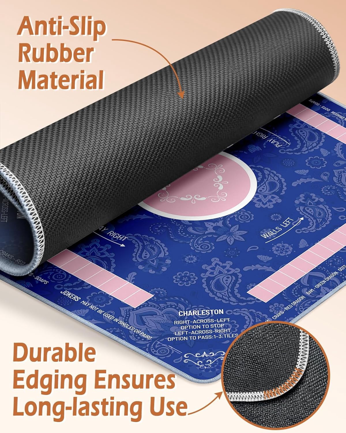 Mahjong Mat Table with Rules Mah Jong Mat Neoprene Travel Chinoiserie Floral Majong Learning Mat Instructions Mahjong Gifts Women Unique Non-Slip Rubber Pad, 31.5" x 31.5", Blue Pink