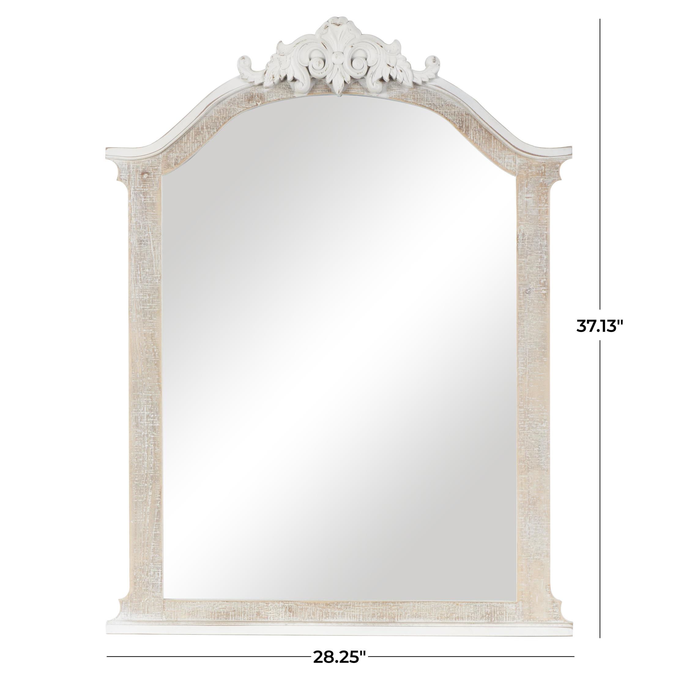 DecMode 28" x 37" Cream Arched Scroll Fleur De Lis Wall Mirror with Brown Distressing