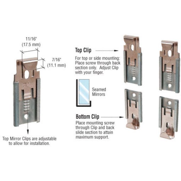 Nickel Plated Adjustable Mirraco Mirror Clip Set for 3/8" Seamed Mirror