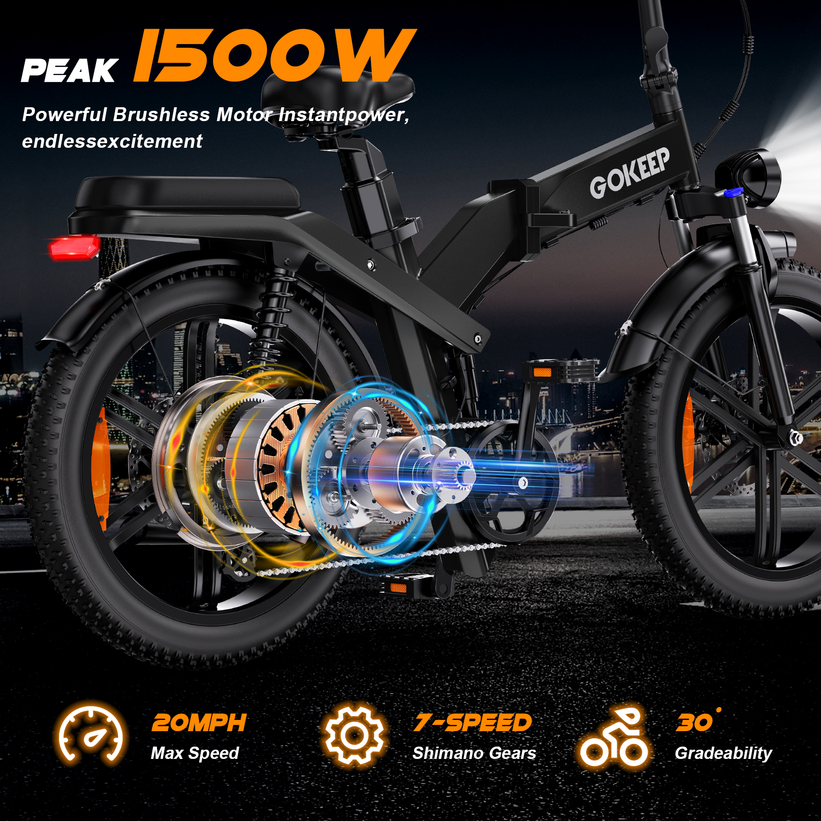 GOKEEP X20 Electric Bike for Adults, 1500W Peak Motor Electric Bicycle with 48V 21.3AH Removable Li Dual Battery, 20" x4.0 Fat Tire Folding Electric Dirt Bike, E-Mountain Bike, UL2849, Black